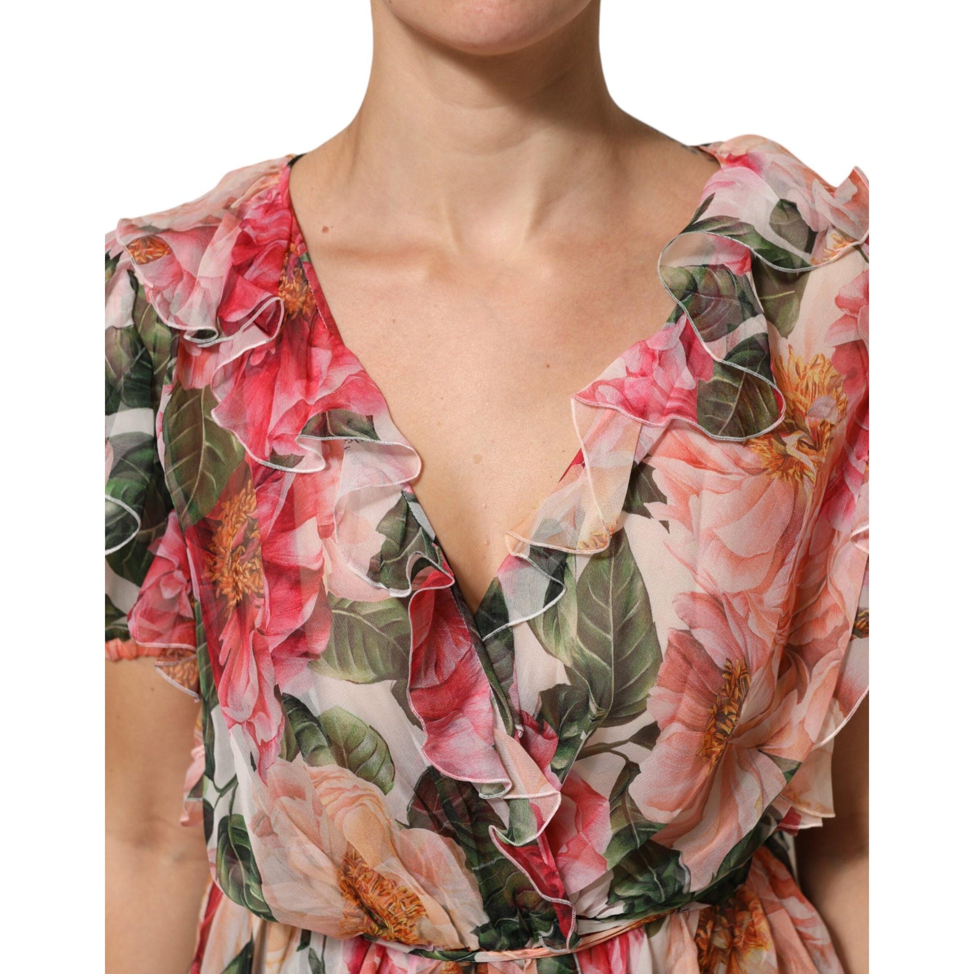 Dolce & Gabbana Pink Camellias Printed Silk V-neck Blouse Top