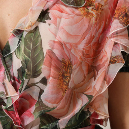 Dolce & Gabbana Pink Camellias Printed Silk V-neck Blouse Top