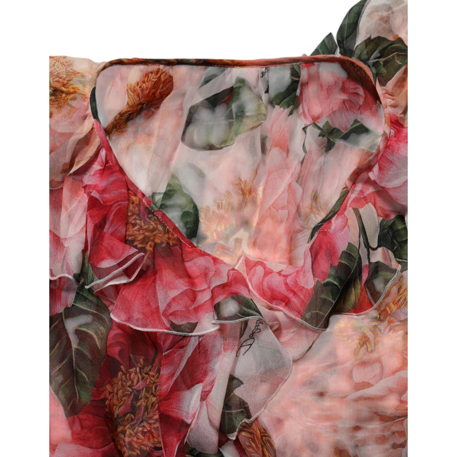 Dolce & Gabbana Pink Camellias Printed Silk V-neck Blouse Top