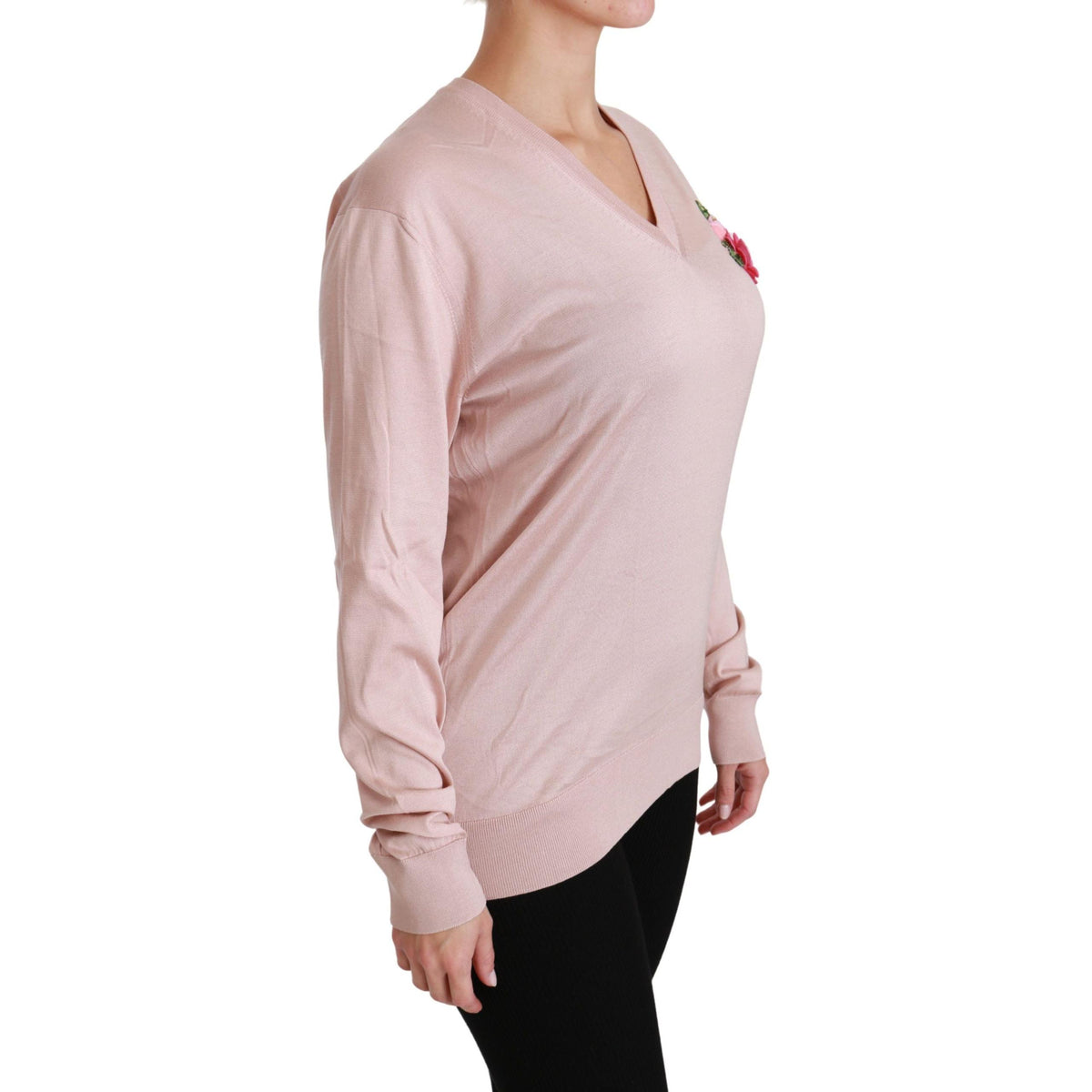 Dolce & Gabbana Pink Floral Embellished Pullover Silk Sweater