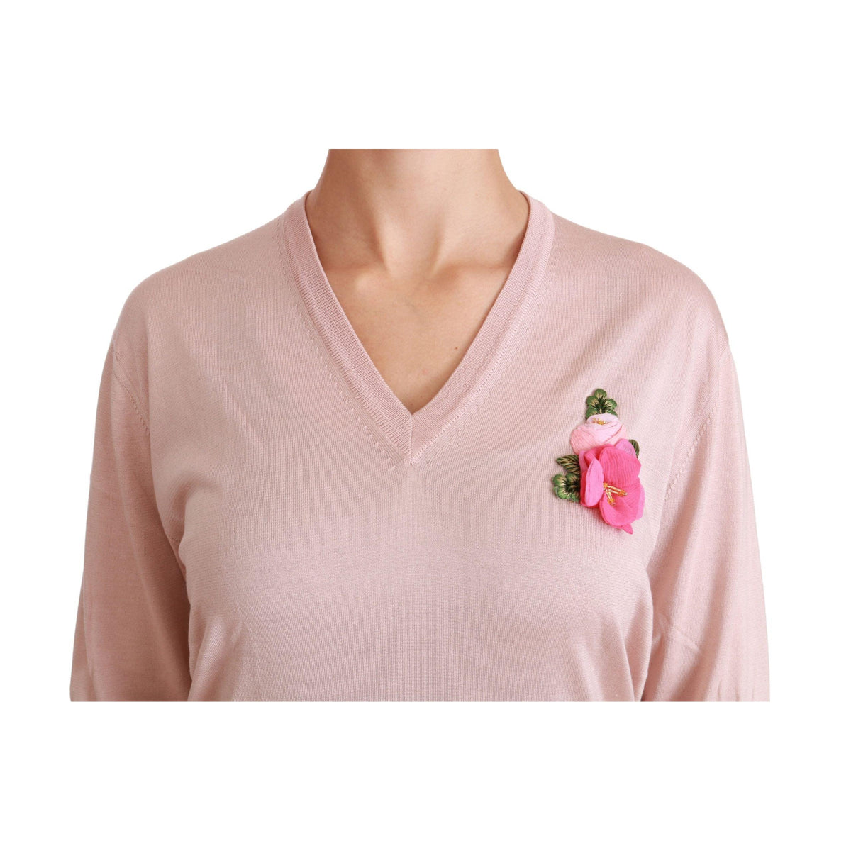 Dolce & Gabbana Pink Floral Embellished Pullover Silk Sweater