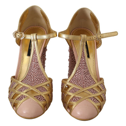 Dolce & Gabbana Pink Gold Leather Crystal Pumps T-strap Shoes