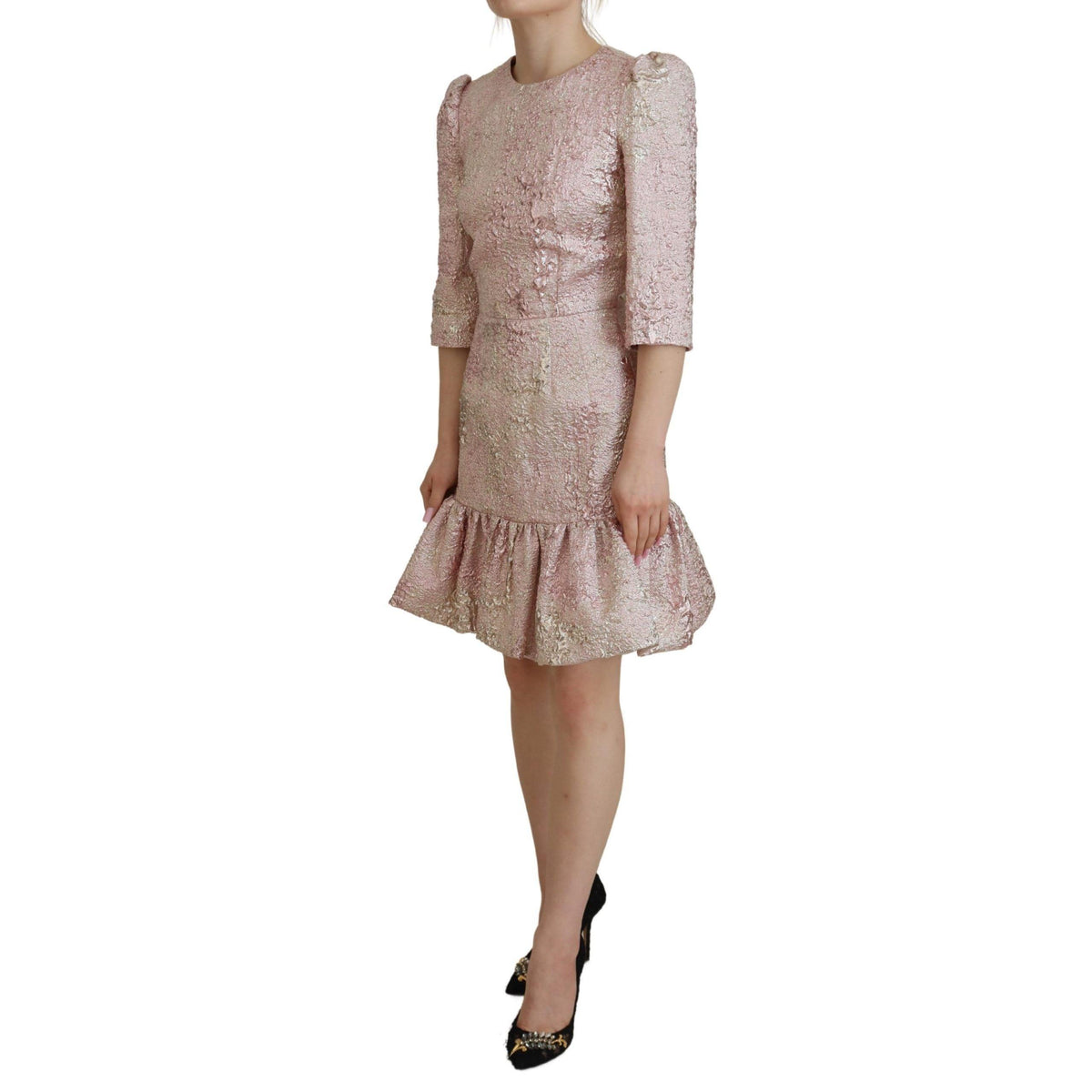 Dolce & Gabbana Pink Jaquard 3/4 Sleeve Sheath Midi Dress