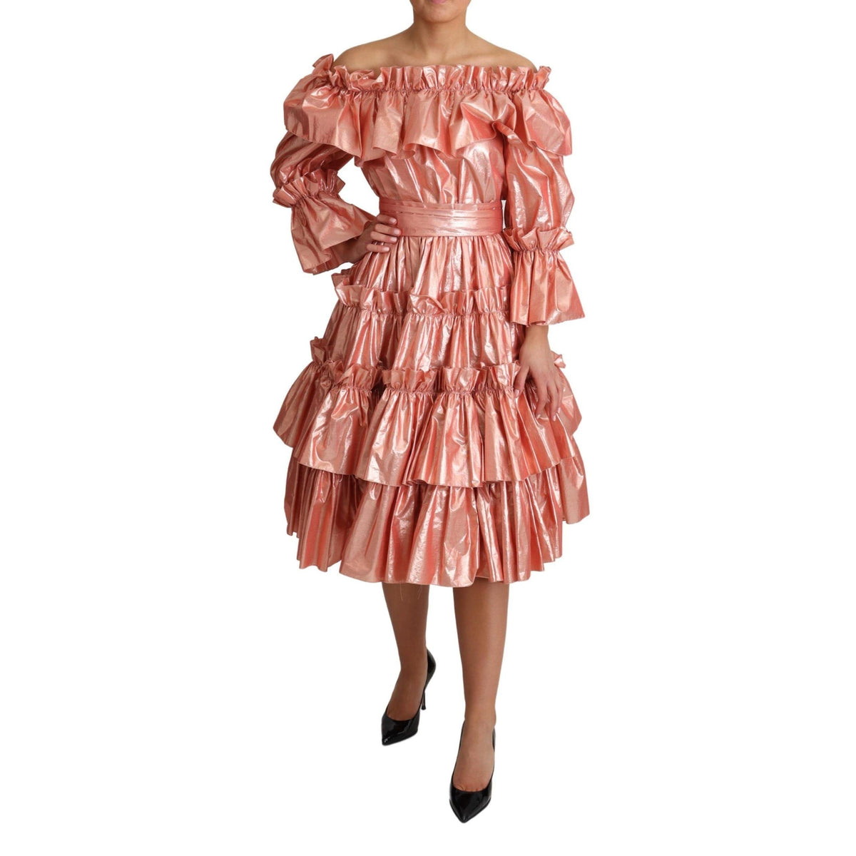 Dolce & Gabbana Pink Ruffled Dress Silk Cotton Gown Dress