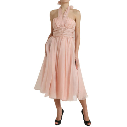 Dolce & Gabbana Pink Silk Chiffon Halter A-line Pleated Midi Dress