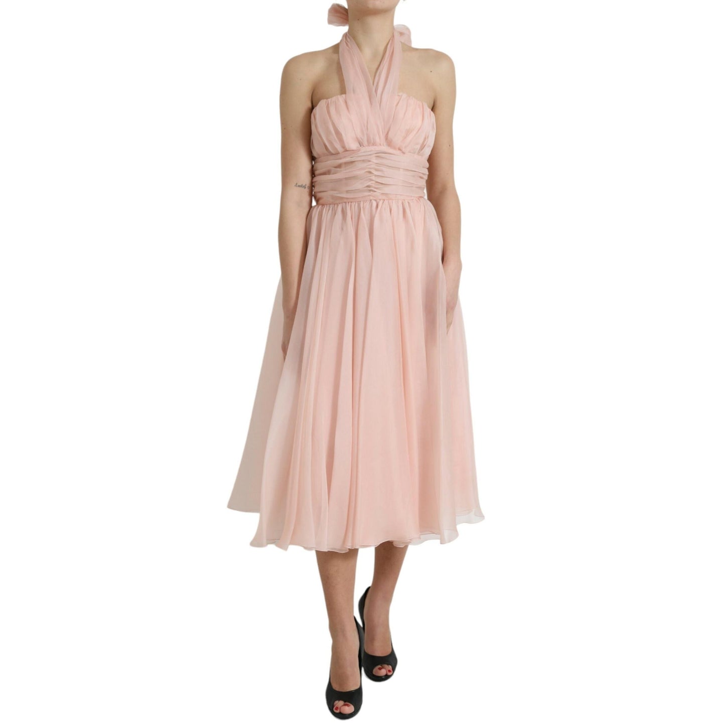 Dolce & Gabbana Pink Silk Chiffon Halter A-line Pleated Midi Dress