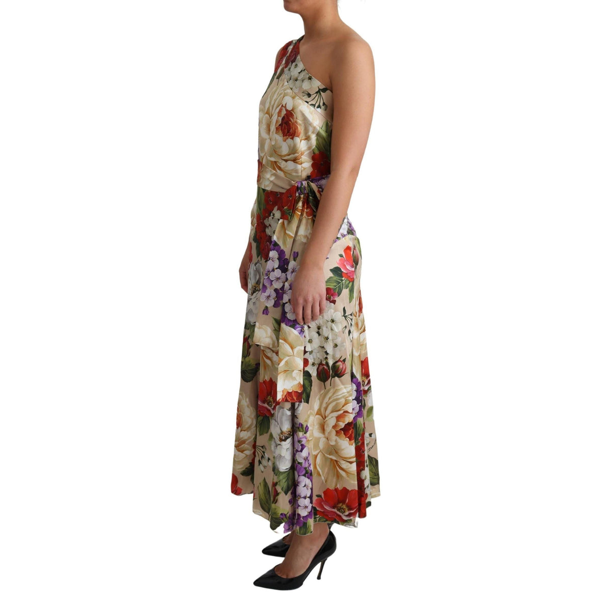Dolce & Gabbana Print Silk Stretch One Shoulder Dress Floral