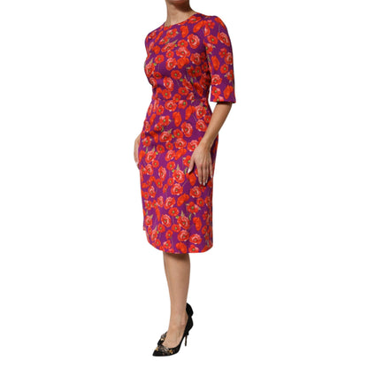 Dolce & Gabbana Purple Silk Floral Print Midi Sheath Dress