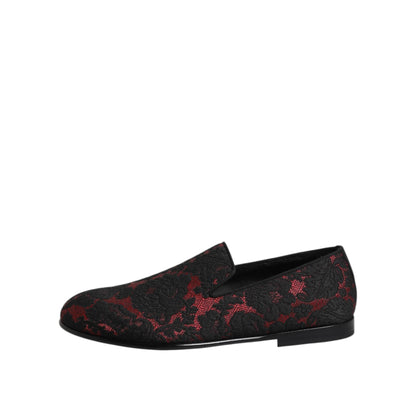 Dolce & Gabbana Red Black Jacquard Slip On Loafers Shoes