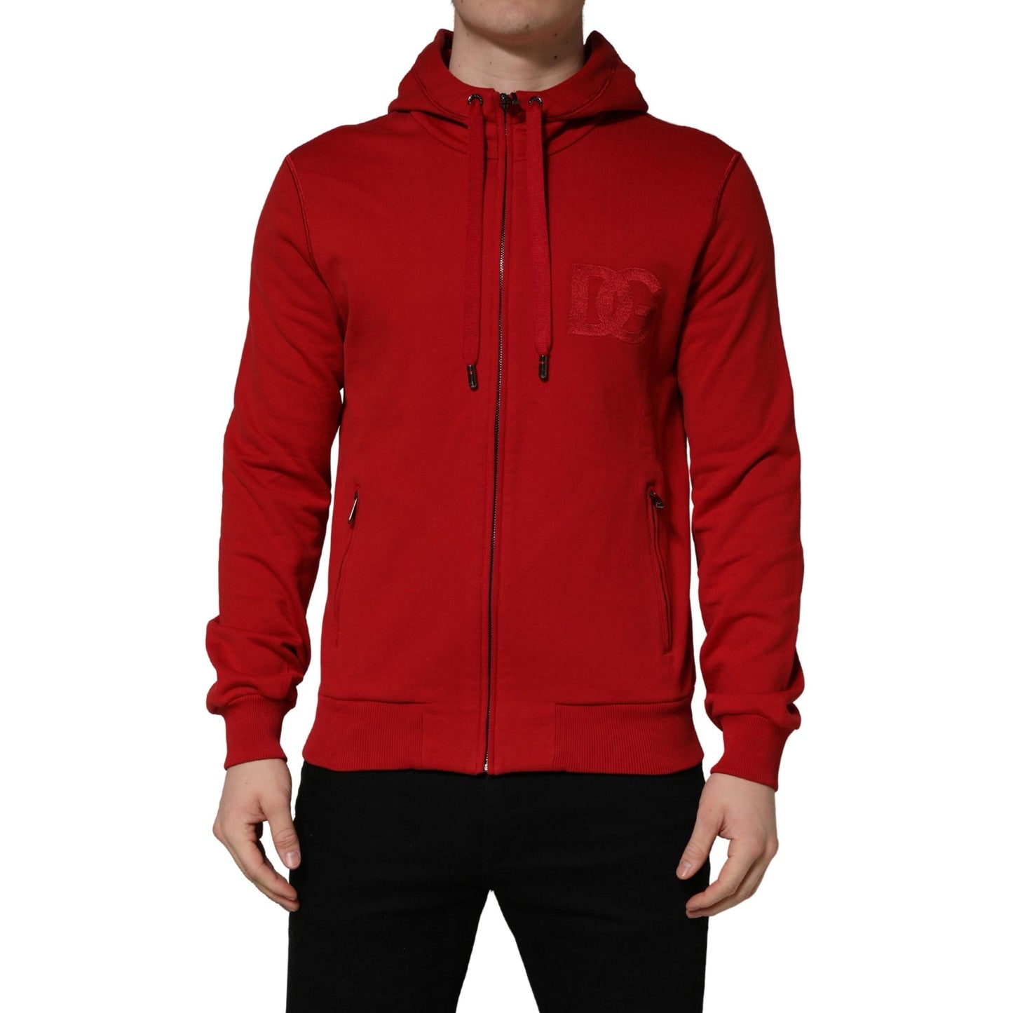 Dolce & Gabbana Red Embroidered Logo Hooded Full Zip Sweater
