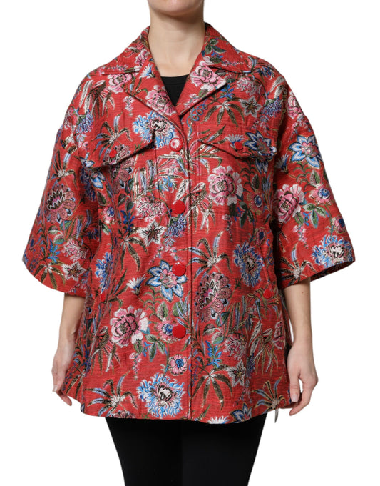 Dolce & Gabbana Red Floral Jacquard Button Down Coat Jacket