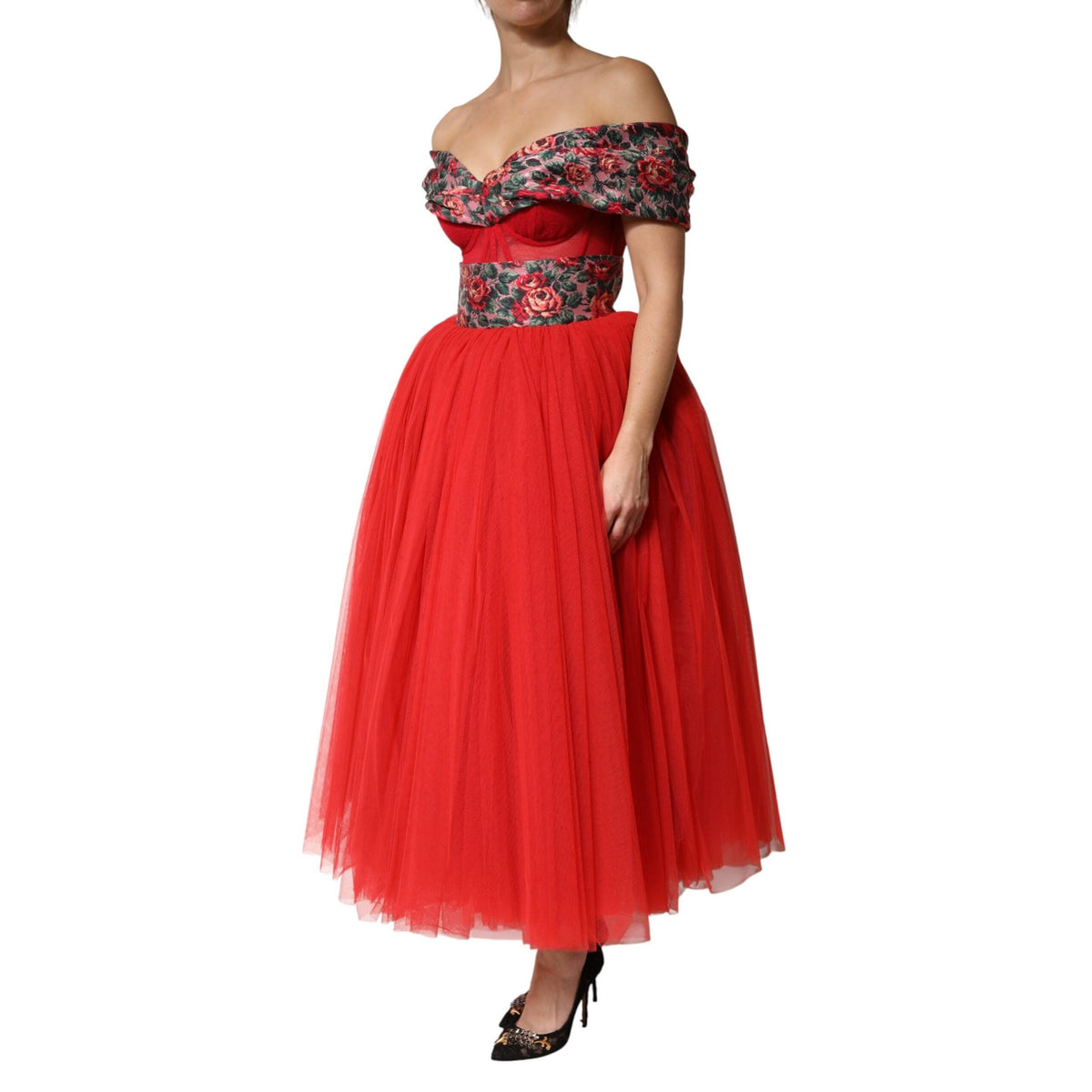 Dolce & Gabbana Red Floral Off Shoulder A-line Gown Dress