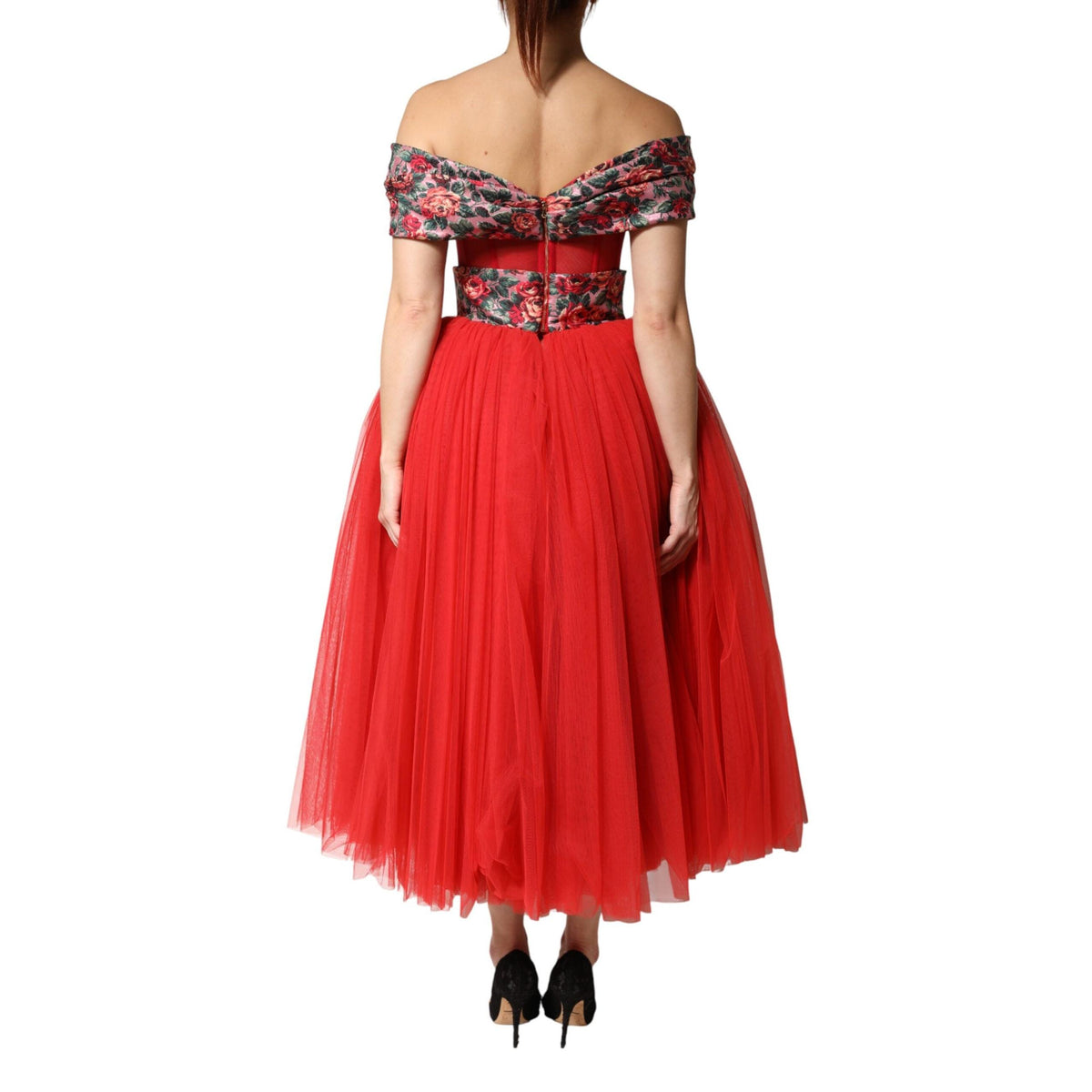 Dolce & Gabbana Red Floral Off Shoulder A-line Gown Dress