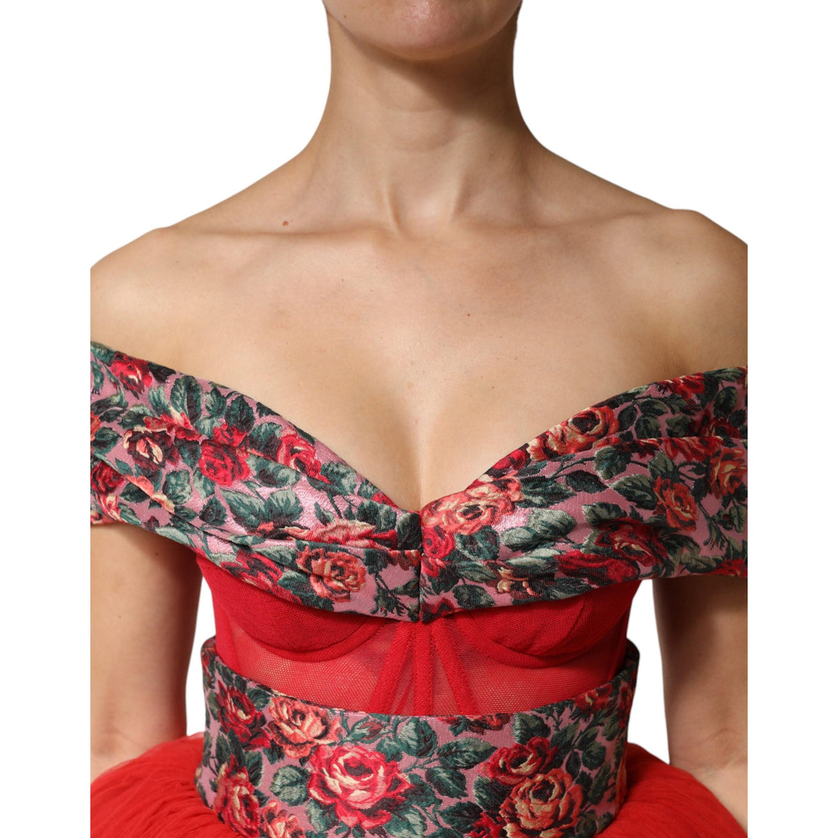 Dolce & Gabbana Red Floral Off Shoulder A-line Gown Dress