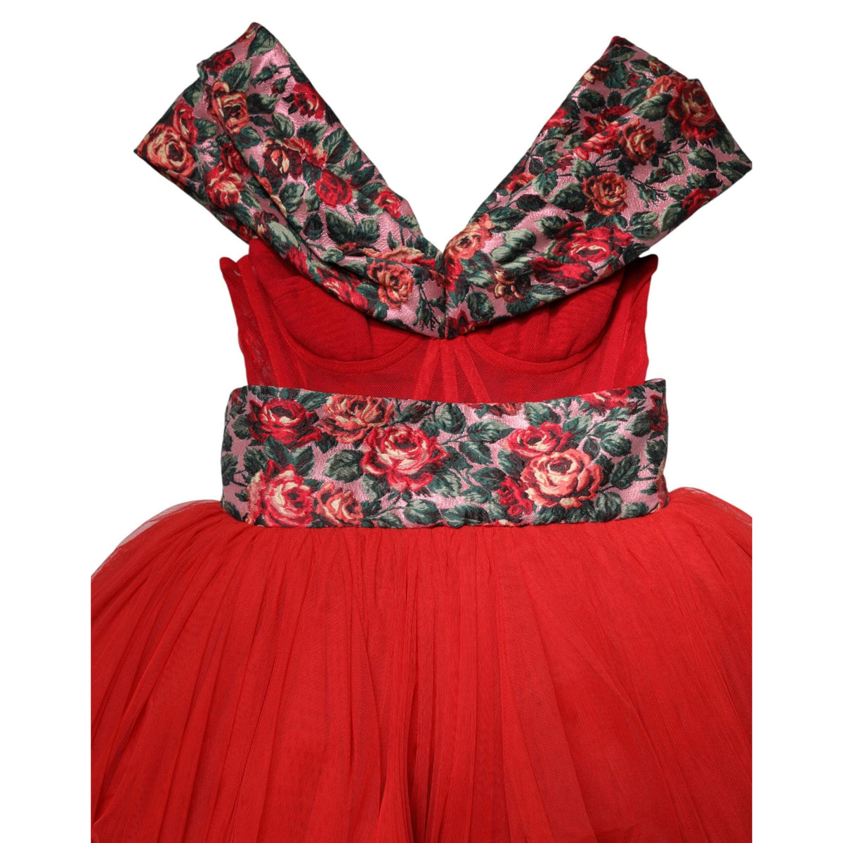 Dolce & Gabbana Red Floral Off Shoulder A-line Gown Dress