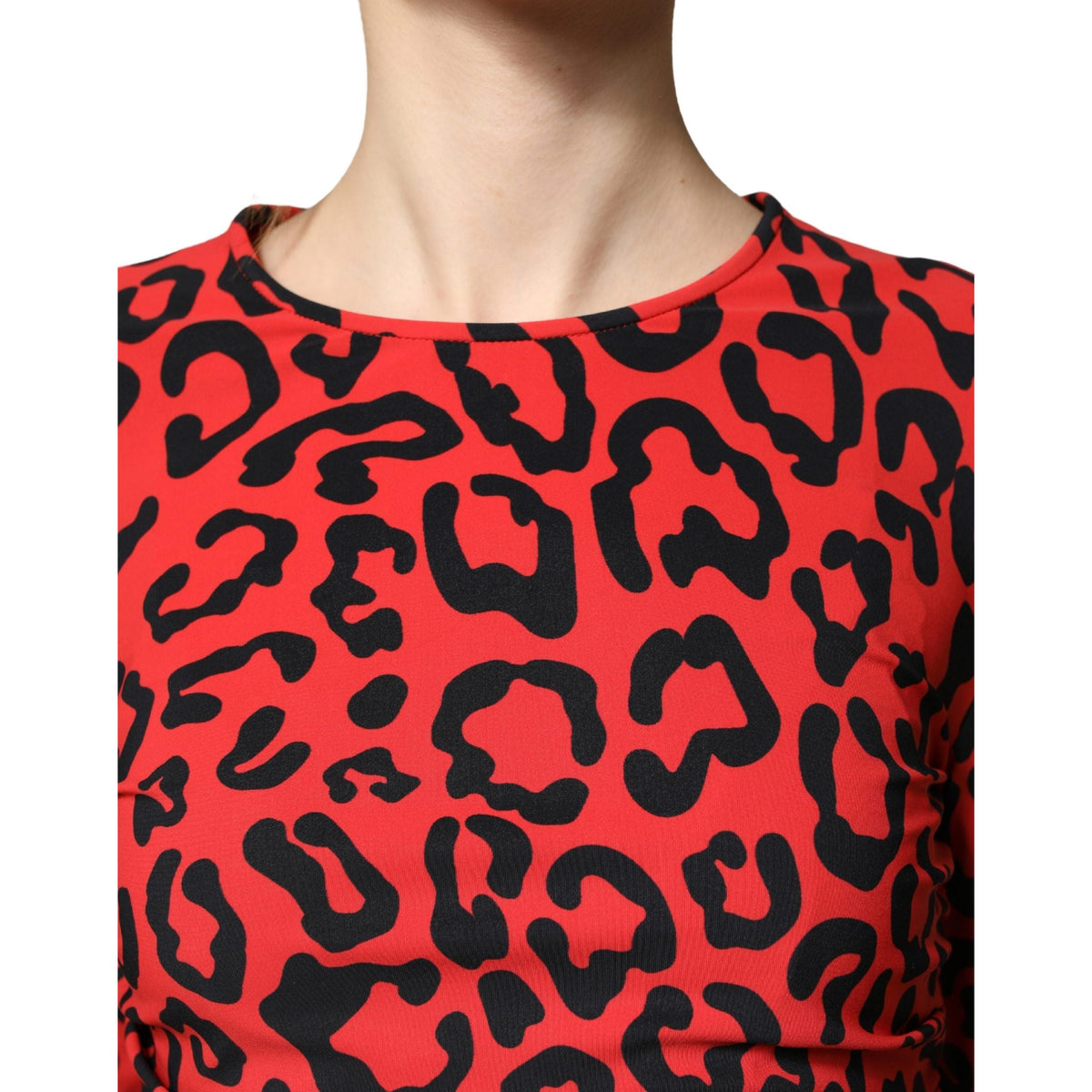 Dolce & Gabbana Red Leopard Print Long Sleeves Midi Dress