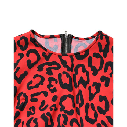 Dolce & Gabbana Red Leopard Print Long Sleeves Midi Dress
