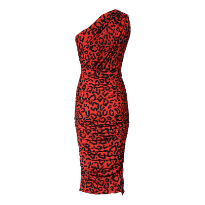 Dolce & Gabbana Red Leopard Print Nylon Sheath Midi Dress