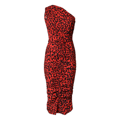 Dolce & Gabbana Red Leopard Print Nylon Sheath Midi Dress