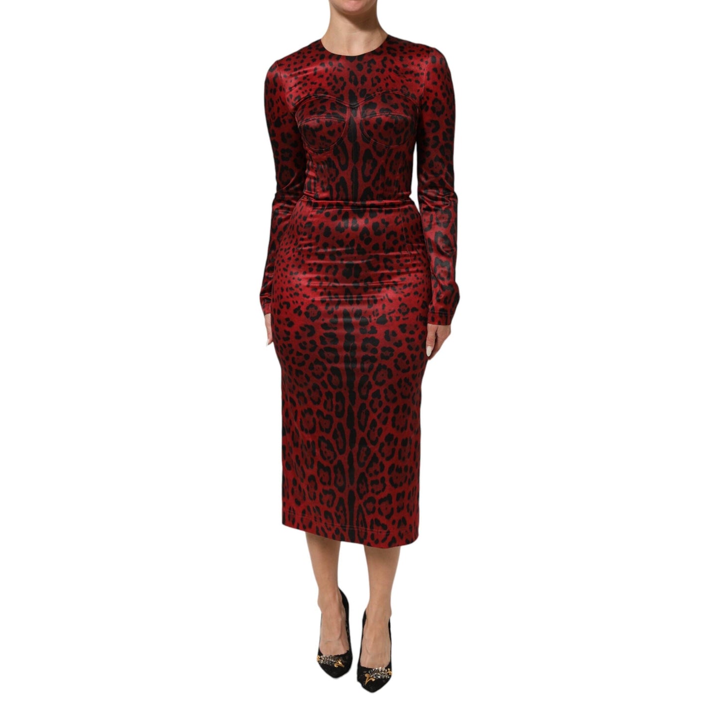 Dolce & Gabbana Red Leopard Sheath Long Sleeves Dress