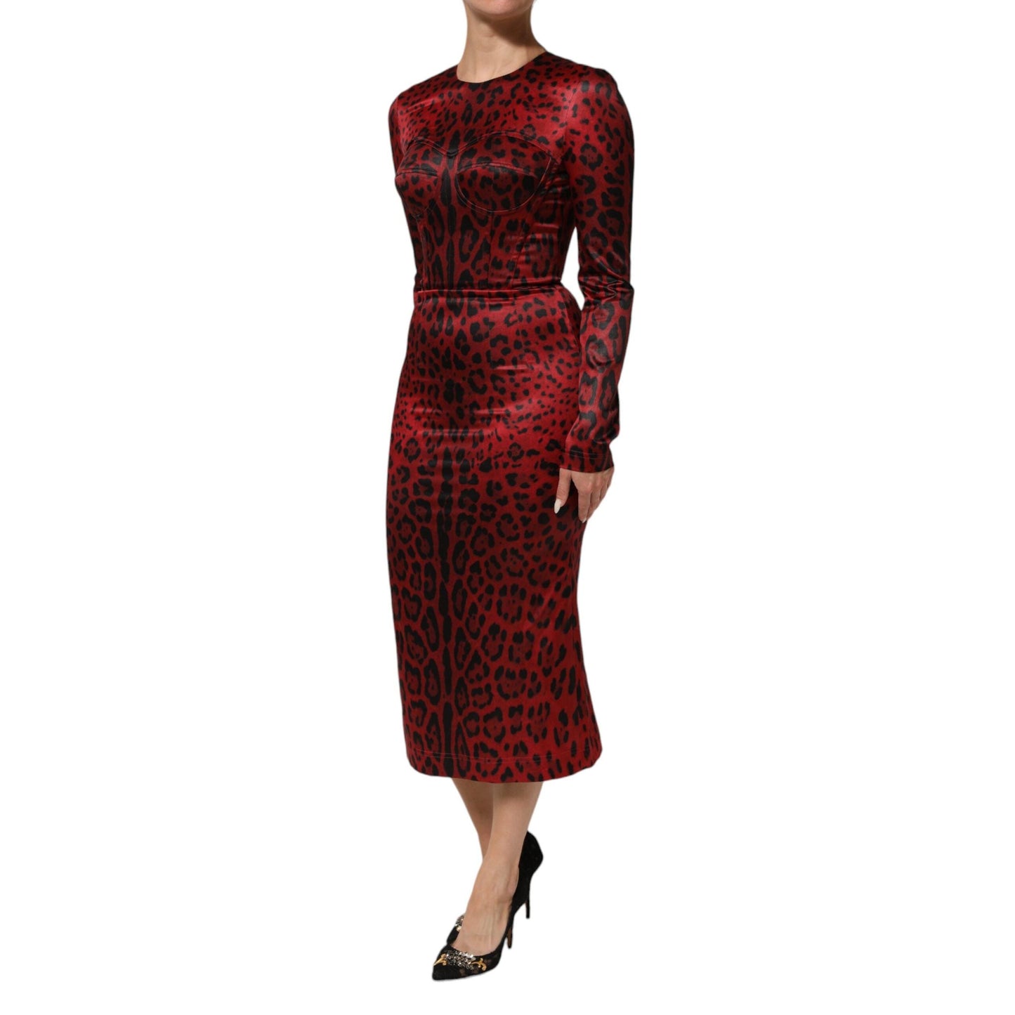 Dolce & Gabbana Red Leopard Sheath Long Sleeves Dress