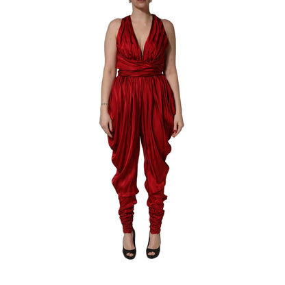 Dolce & Gabbana Red Plunging HalterNeck Draped Jumpsuit Dress
