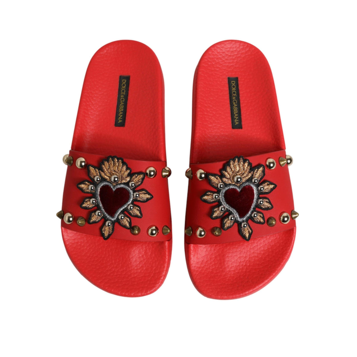 Dolce & Gabbana Red Sacred Heart Stud Slides Beachwear Shoes