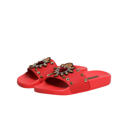 Dolce & Gabbana Red Sacred Heart Stud Slides Beachwear Shoes