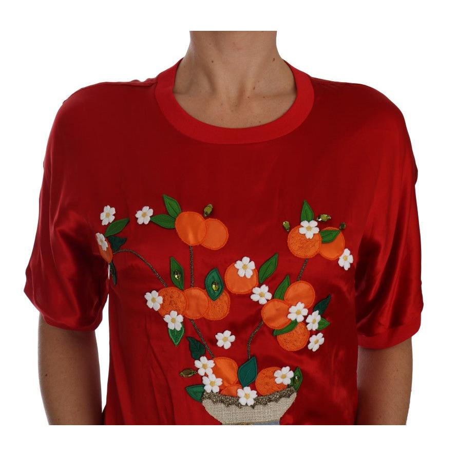 Dolce & Gabbana Red Silk Orange Vase Crystal Top