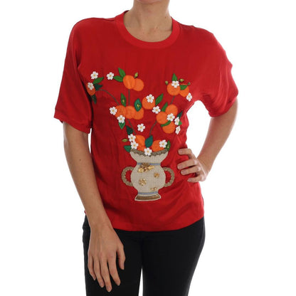 Dolce & Gabbana Red Silk Orange Vase Crystal Top