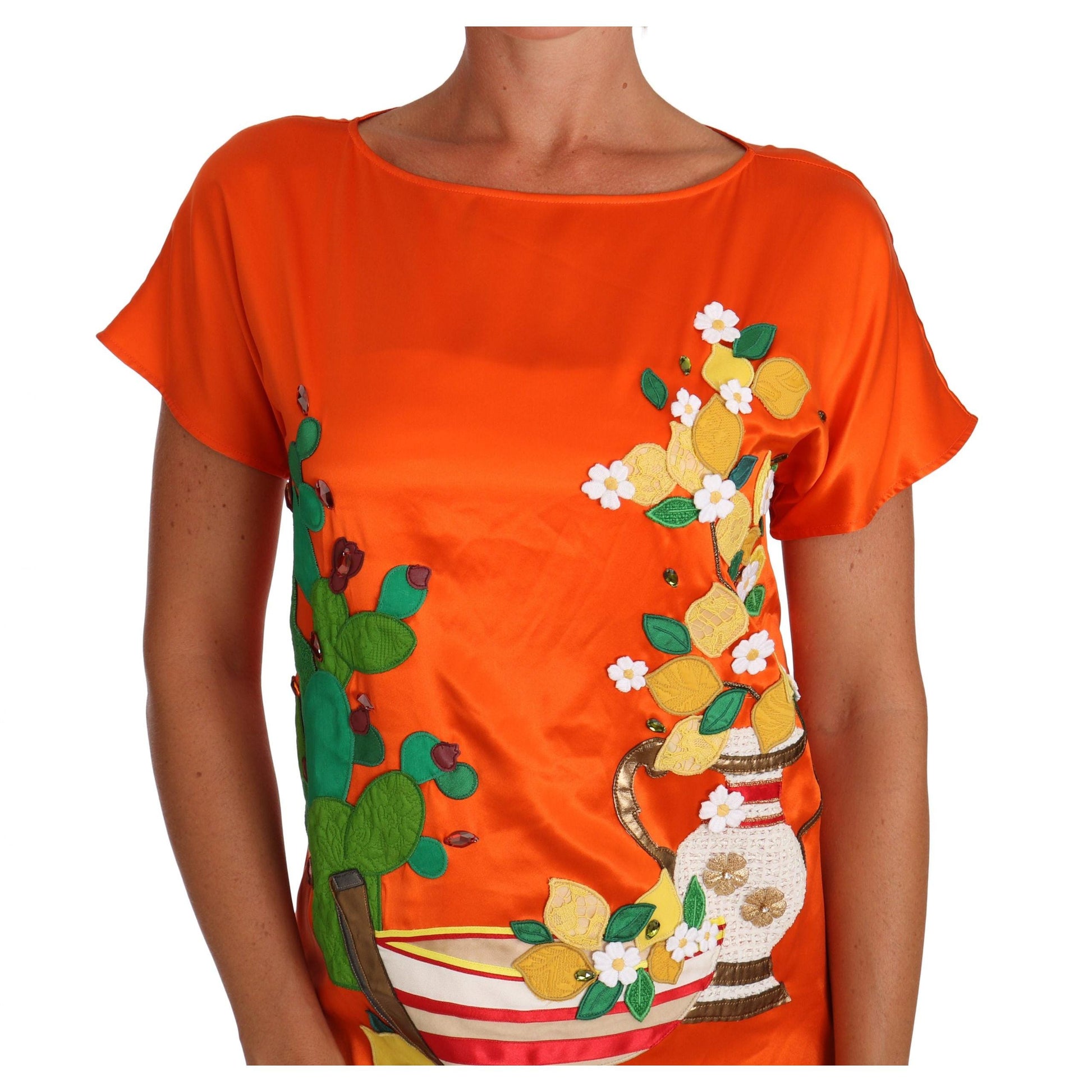 Dolce & Gabbana Silk Orange Lemon Crystal T-shirt Top