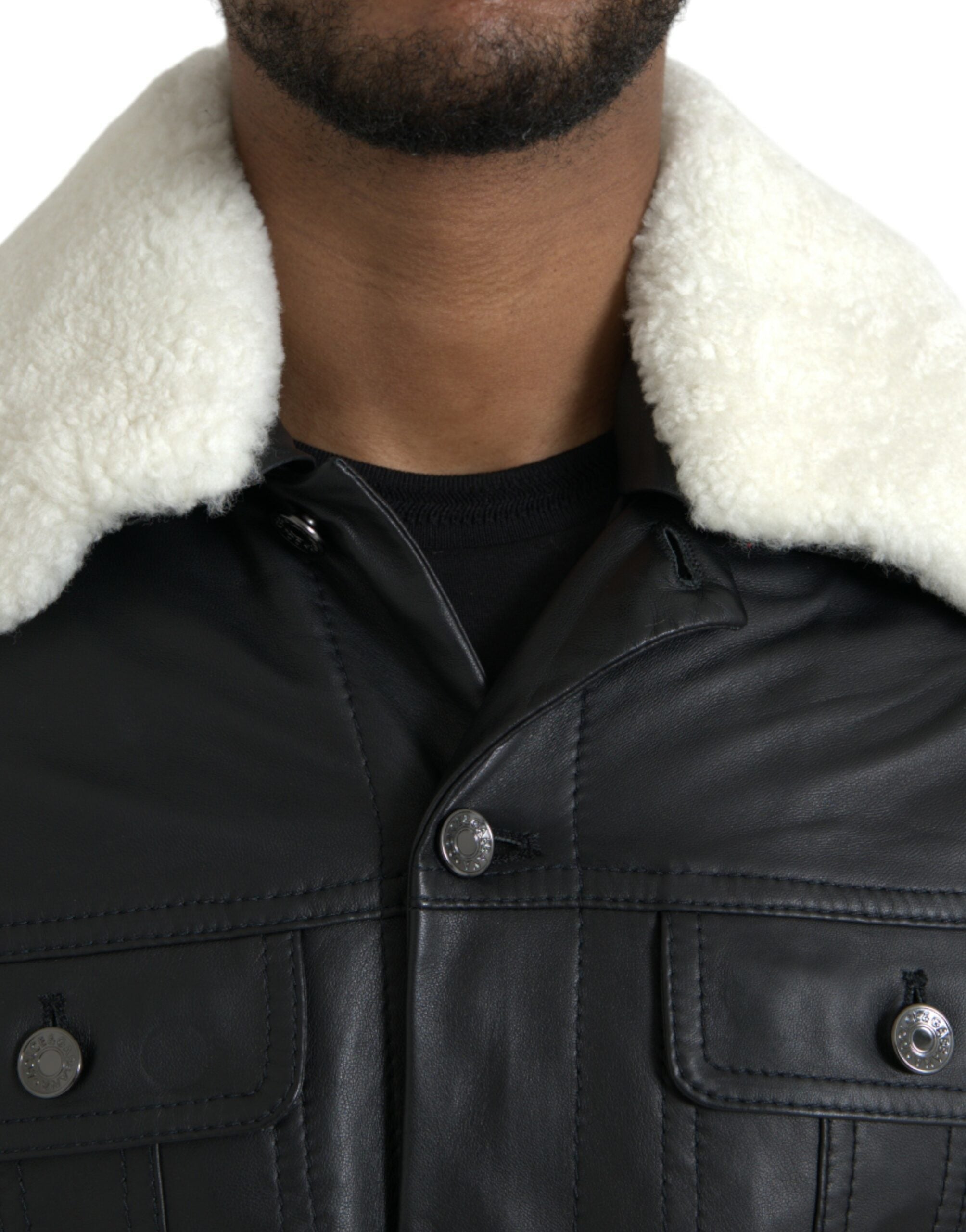 Dolce & Gabbana Sort Læder Fur Collar Biker Coat Jakke & Frakke-Modeoutlet