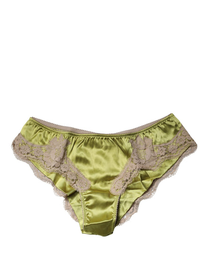 Dolce & Gabbana Underwear Green Silk Satin Floral Lace Panty Brief