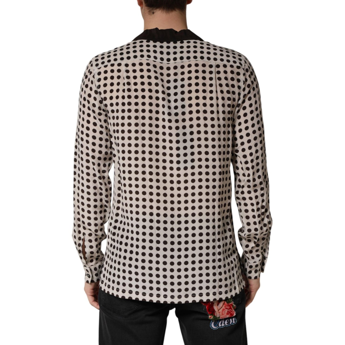 Dolce & Gabbana White Black Polka Dot Silk Men Casual Shirt