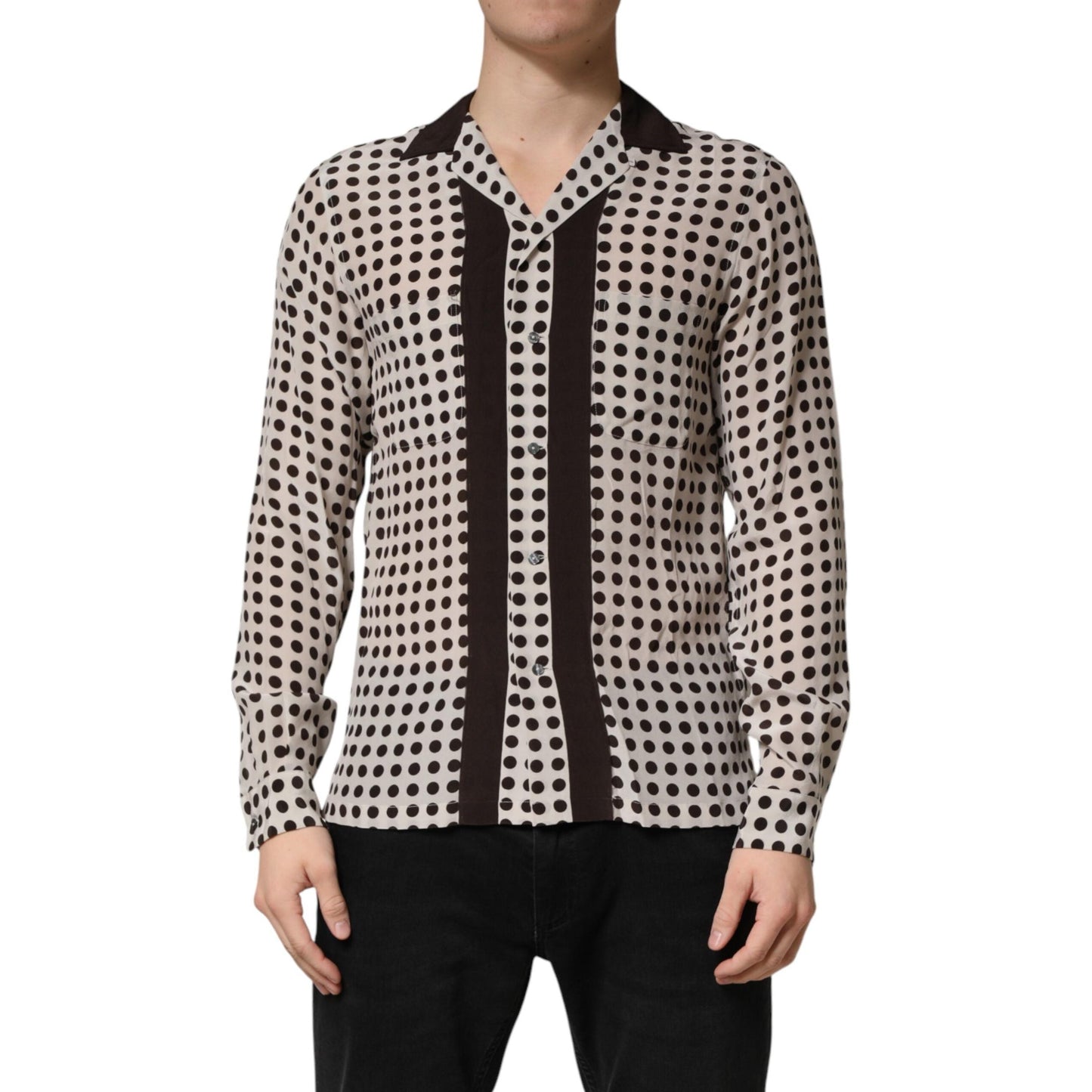 Dolce & Gabbana White Black Polka Dot Silk Men Casual Shirt