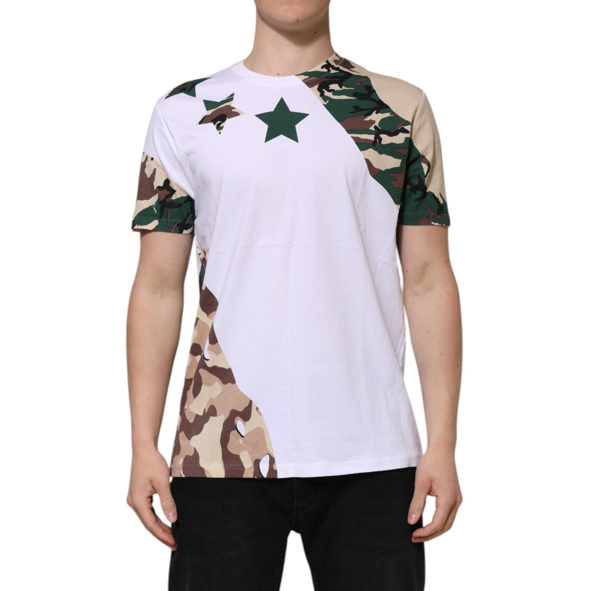 Dolce & Gabbana White Camouflage Cotton Men Crew Neck T-shirt