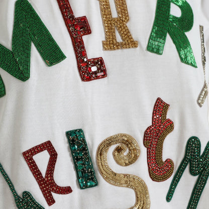 Dolce & Gabbana White Cotton Christmas Sequin Fur T-shirt