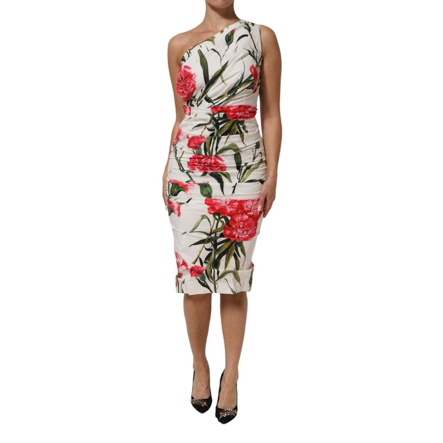 Dolce & Gabbana White Floral One Shoulder Sheath Dress