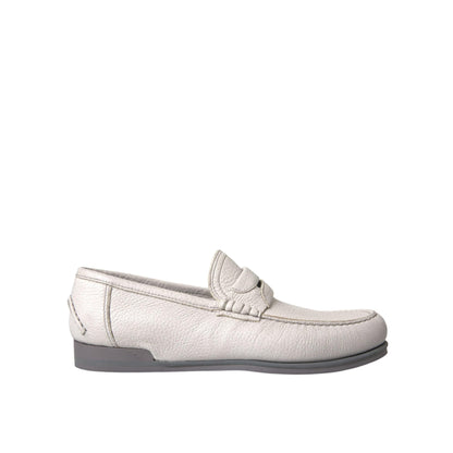 Dolce & Gabbana White Gray Leather Slip Mocassin Shoes Loafer