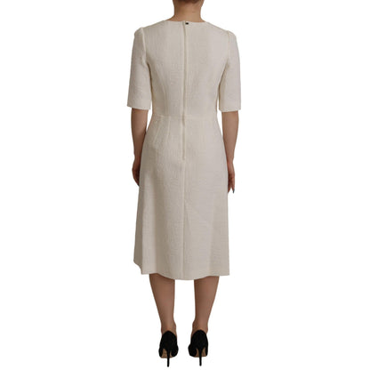 Dolce & Gabbana White Jaquard Midi Floral Sheath Brocade Dress