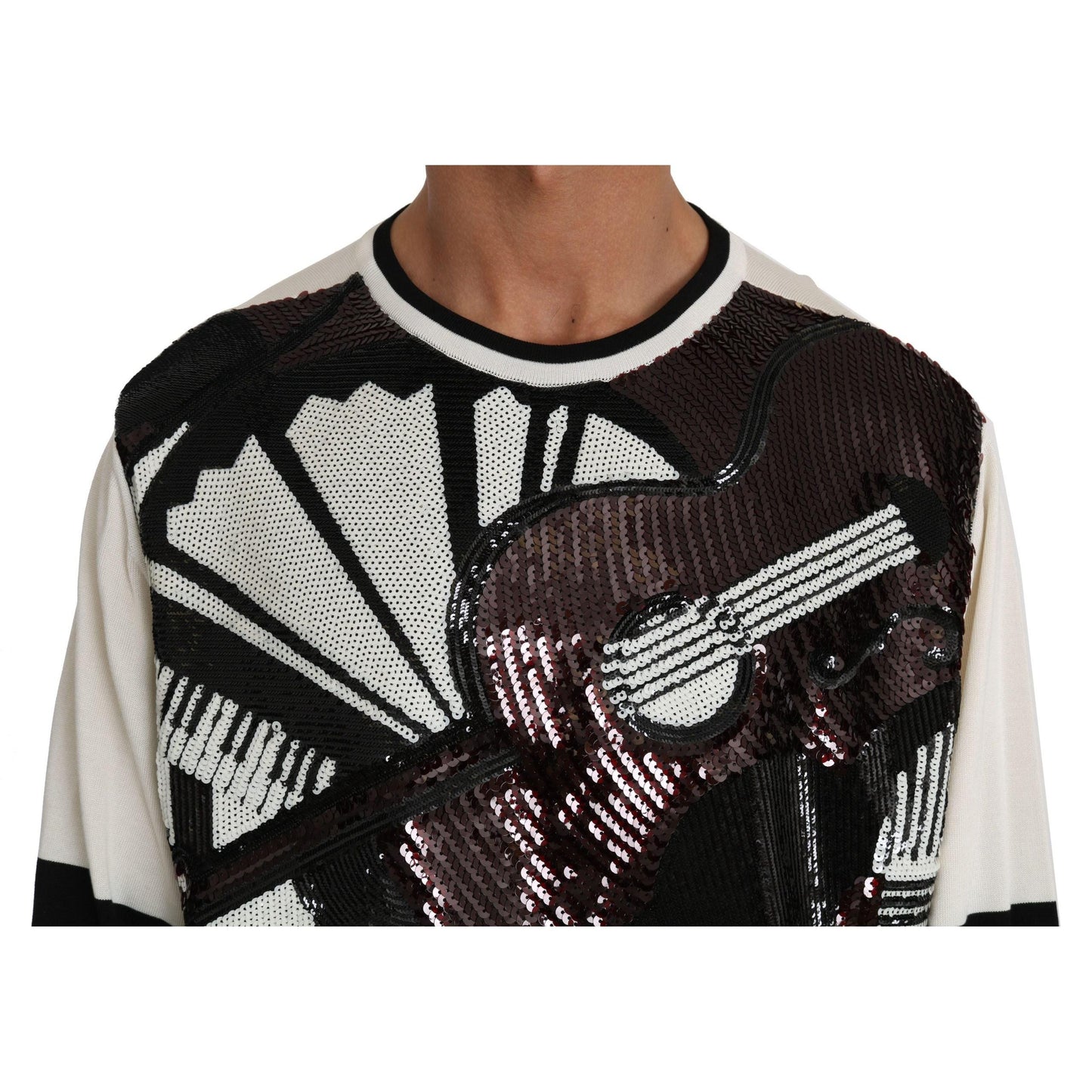 Dolce & Gabbana White Jazz Sequined Guitar Pullover Top Sweater