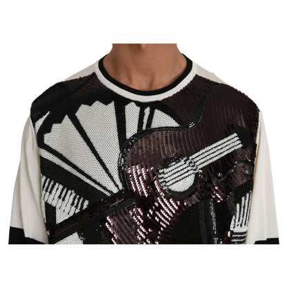 Dolce & Gabbana White Jazz Sequined Guitar Pullover Top Sweater
