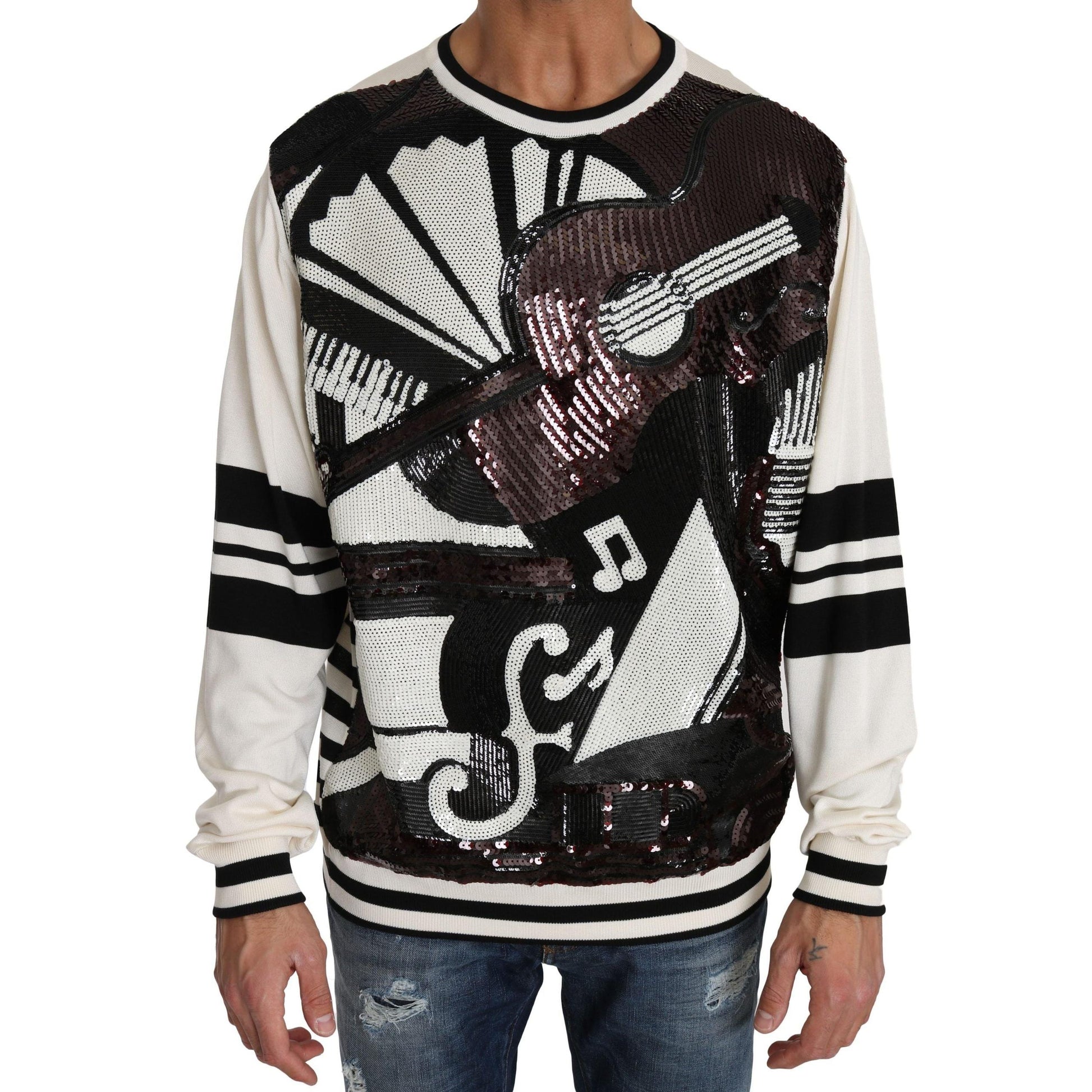 Dolce & Gabbana White Jazz Sequined Guitar Pullover Top Sweater