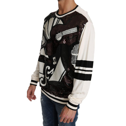 Dolce & Gabbana White Jazz Sequined Guitar Pullover Top Sweater