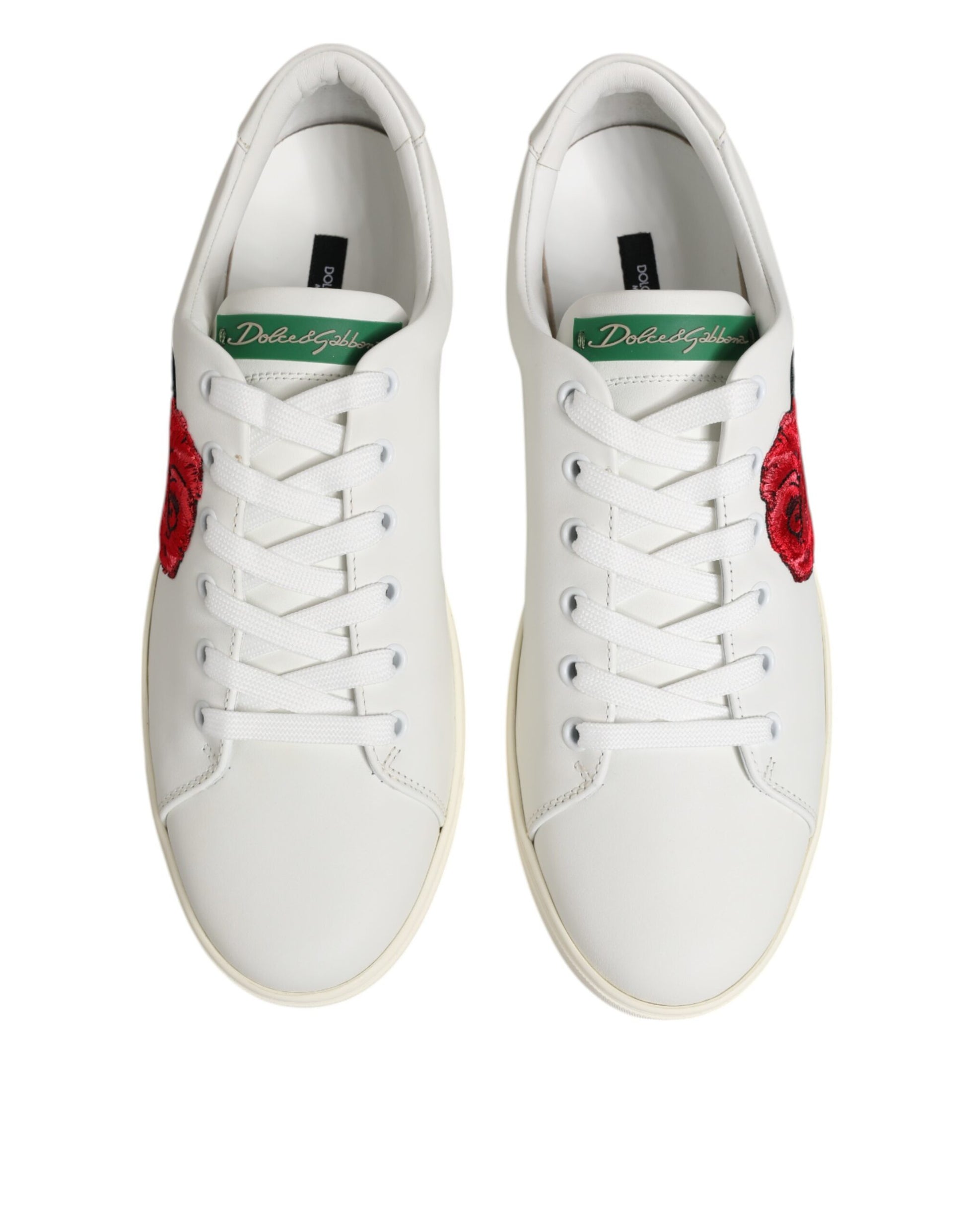 Dolce & Gabbana White Leather Rose Embroidery Low-Top Shoes