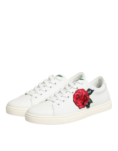Dolce & Gabbana White Leather Rose Embroidery Low-Top Shoes