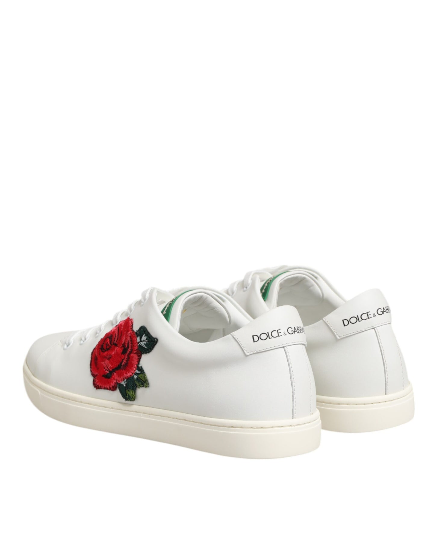 Dolce & Gabbana White Leather Rose Embroidery Low-Top Shoes