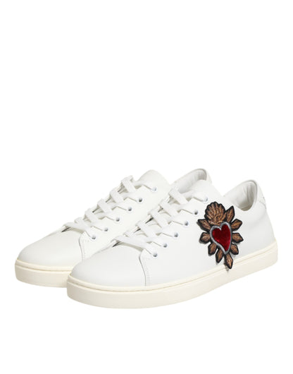 Dolce & Gabbana White Leather Sacre Heart Patch Sneakers Shoes