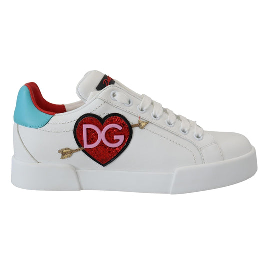 Dolce & Gabbana White Leather Sneakers Portofino Logo Heart Shoes