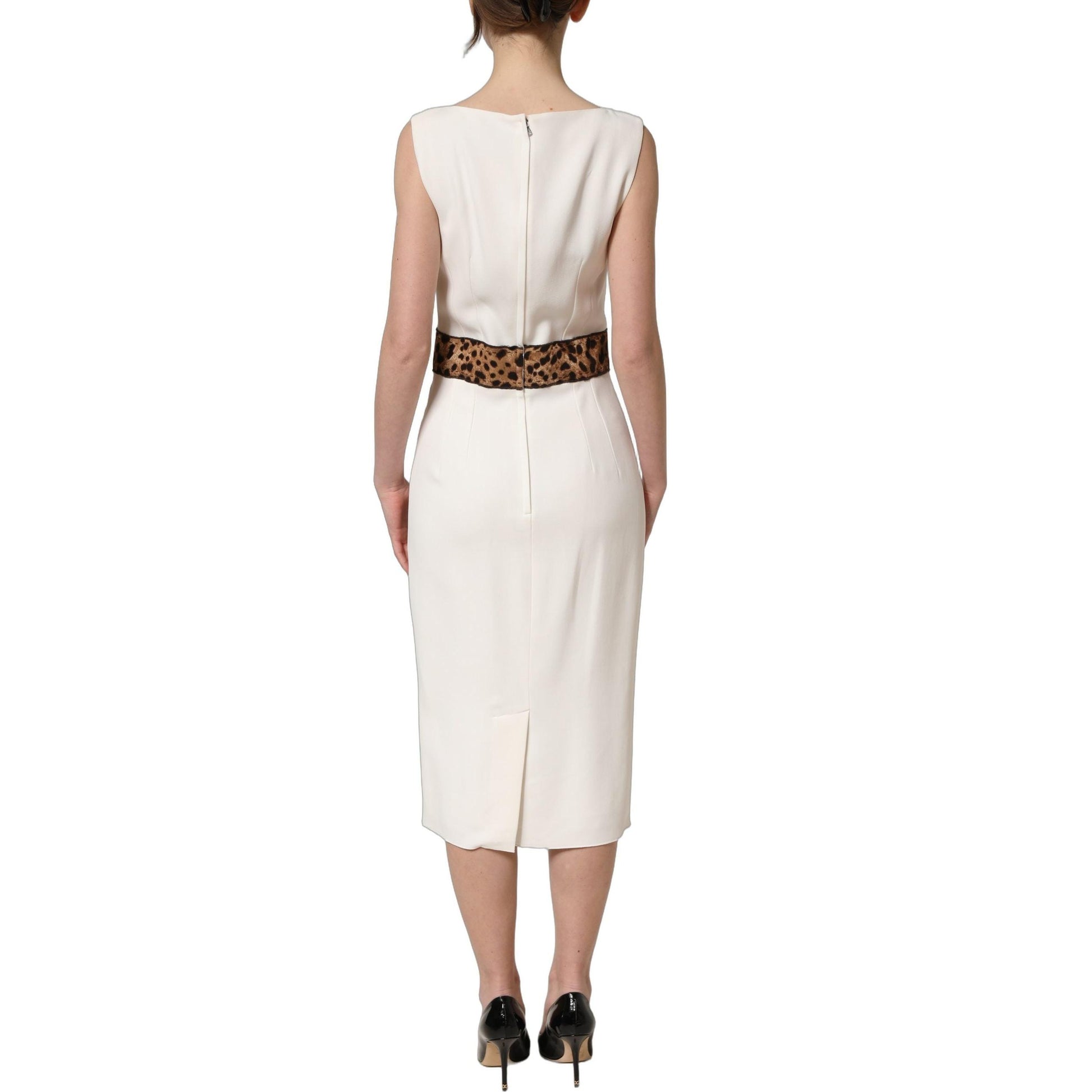 Dolce & Gabbana White Leopard Sleeveless Sheath Midi Dress